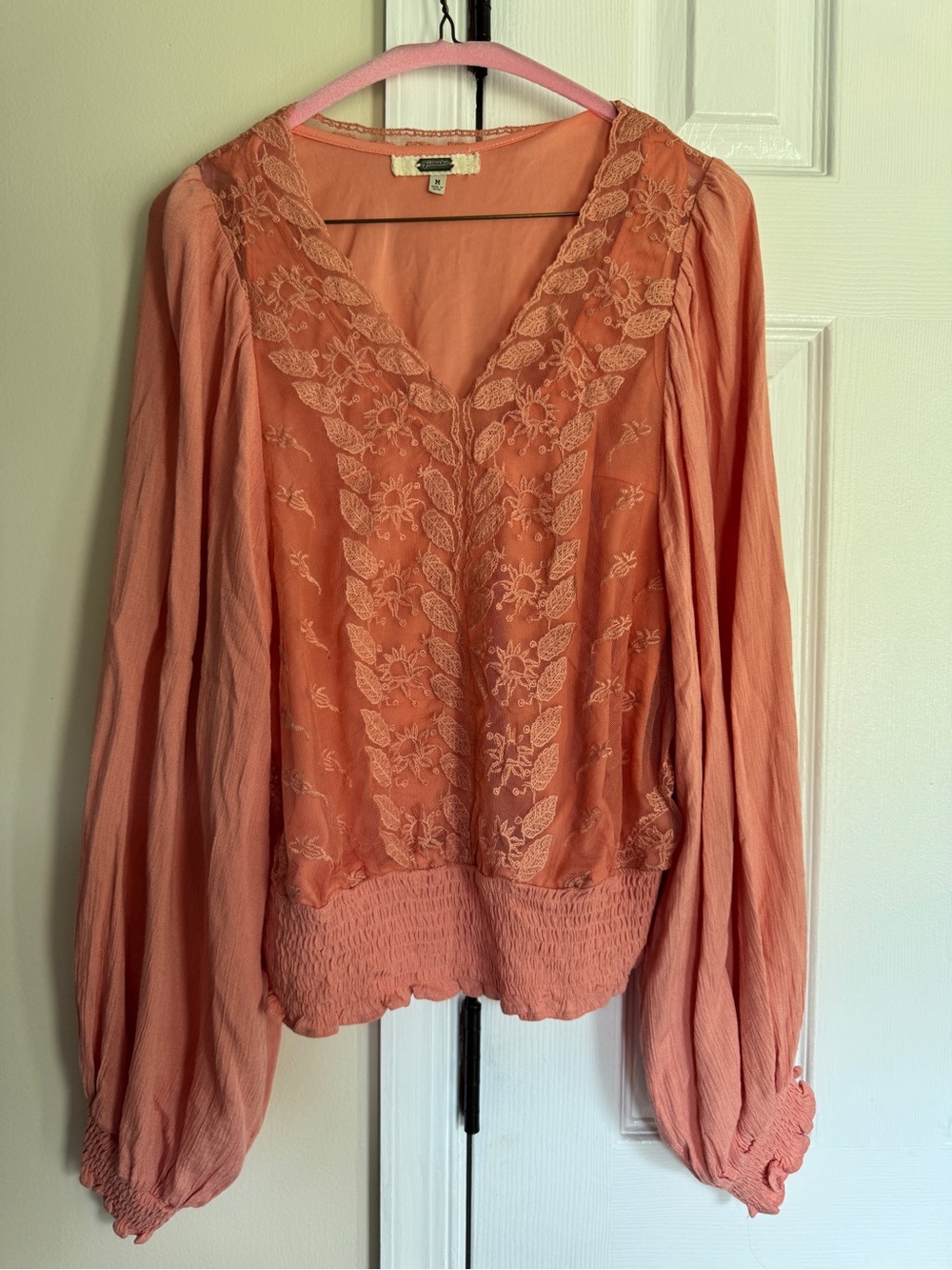 Gimmicks by BKE Lace Inset Top Med Pink  Embroidered Mesh Smocked Waist Boho